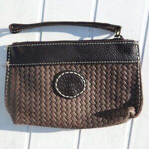 Roots Wristlet Zipper Pouch in Brown Pebbled Leather Sewn Leather Patch